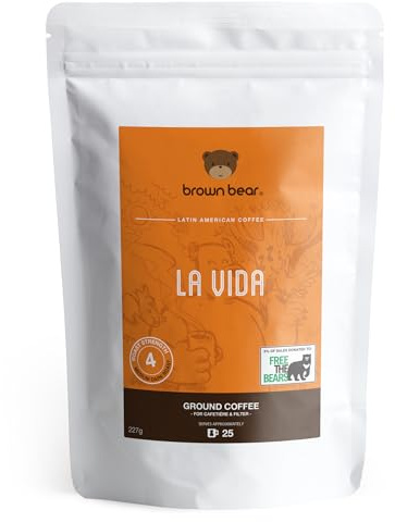 Medium Dark Roast Strong Ground Coffee 227g - For French Press Cafetiere Filter Drip V60 Aeropress - Strength 4 - Brown Bear La Vida Blend - Donation to Free The Bears