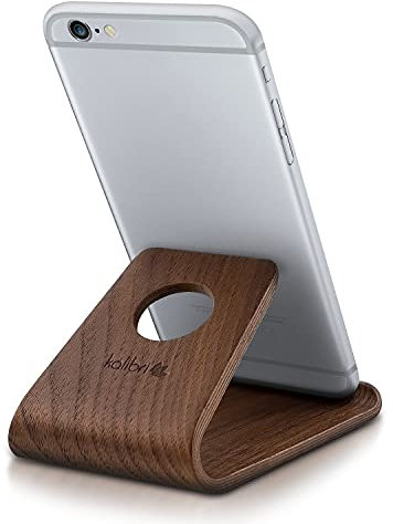 kalibri Wooden Phone Stand - Universal Mobile Phone and Tablet Holder Made of Real Wood - For Desk, Bedside Table, Night Stand - Dark Brown Walnut