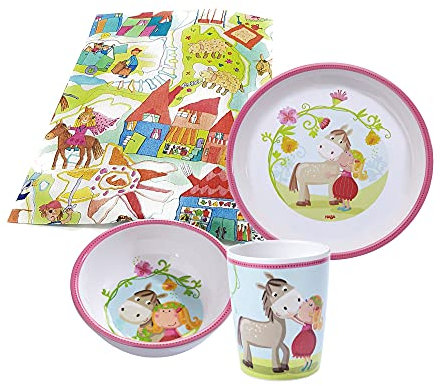 Haba Melamin Geschenkset Vicki & Pirli 3-teilig Pferde Kindergeschirr Teller Schüssel Becher Taufe Geburt Rosa