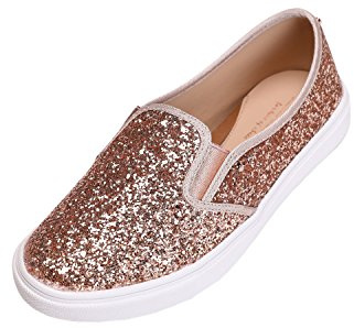 Feversole Damskor, slip-ons, träningsskor, vardagliga platta loafers, skate-pumps, sneakers, skor i EU-storlek 36–41 (UK-storlek 3,5–7), Roseguld glitter, 37 EU
