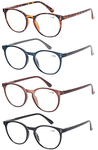 4 Pack Retro Round Reading Glasses Men Women Spring Hinges Lightweight Quality Readers (2.5, 4 Pack Mix Color)