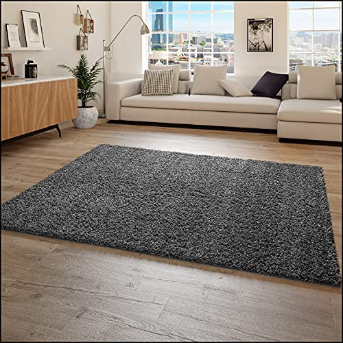 Paco Home Hochflor Teppich Wohnzimmer Shaggy Langflor Modern Einfarbig Ohne Muster, Grösse:140x200 cm, Farbe:Anthrazit