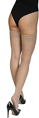 Annes styling dam Hold ups med ryggsöm 20 denier sensuella strumpor sexig spets topp högt lår med silikon, Visone, XS-S