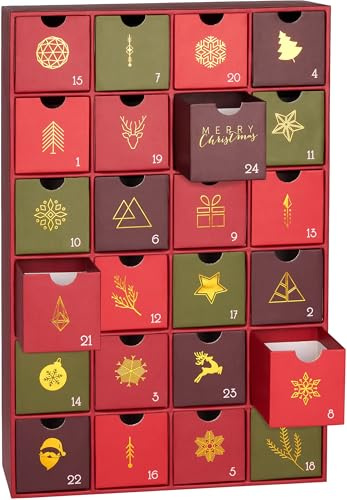 BRUBAKER Adventskalender zum Befüllen - Traditionelles Weihnachten Rot Grün Gold - DIY Weihnachtskalender mit 24 Türchen für Gutscheine, Süßigkeiten und andere Überraschungen - 39 cm groß aus Pappe