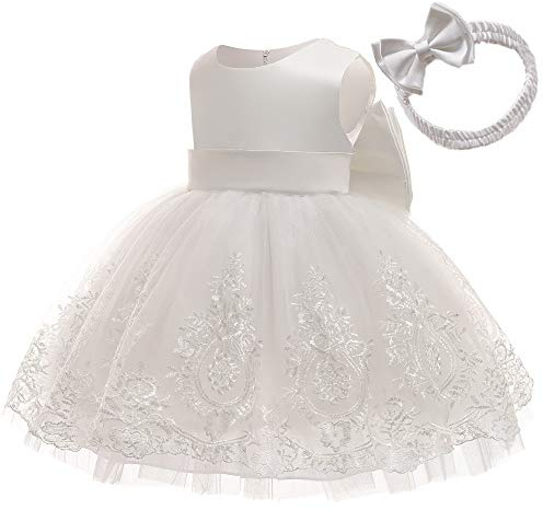 AIMJCHLD Princess Girls Lace Embroidery Bow Toddler Dresses Cute Sleeveless New Year Prom Dresses for Baby 3T 4T (White,110)