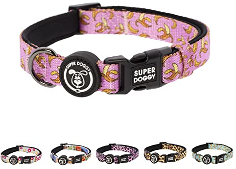 SUPER DOGGY Collar Perro Pequeño, Mediano y Grande - Collar Nylon Ajustable y Acolchado con Diseños de Moda - para Paseo, Entrenamiento y Correr - Ligero y Resistente (Pink Bananas, S (25-40cm))