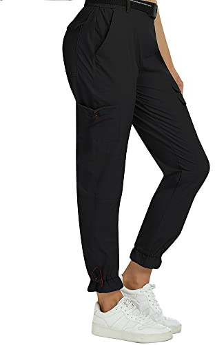MoFiz Outdoorhose Damen Jogginghose Leichte Wanderhose Workout Trekkinghose Wasserdicht Winddicht Casual 3/4 Verkürzte Cargohose Schwarz XL