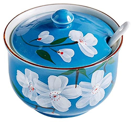 FülleMore Keramik Gewürzdose Gewürzgläser 300ml Zuckerdose mit Deckel und Löffel süße Blumenmuster Salztopf Aufbewahrungsdose für Küche Esstisch (Blau)
