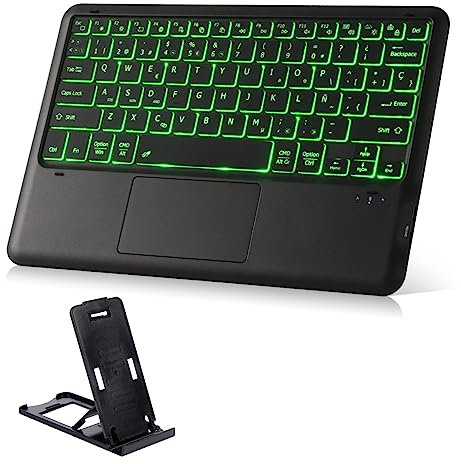 Teclado Bluetooth con Ratón Touchpad y Retroiluminación LED 11 Colores, QWERTY Español Inalámbrico Teclado para Tableta Compatible con Smart Fire TV Box iPad Smartphone Mac PC Portátil (con soporte)