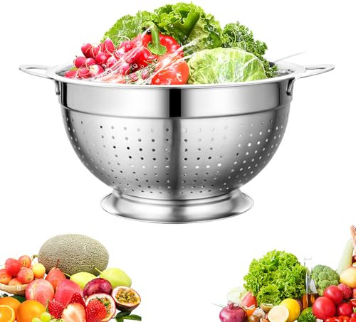 LIMITADA Passoire Cuisine Inox Grande Passoire Inox 24*14cm Passoire Ronde avec Trous de Drainage Passoire avec Manche et Base Passoire à Fruits Passoire à Légumes pour Spaghetti Nouilles Riz Salade