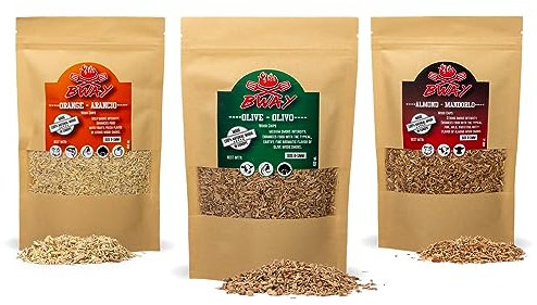 BWAY Madera para Ahumador de Alimentos Profesional - Olivo, Naranjo, Almendro (3x400 ml) - Ebook de Regalo con 20 Recetas - Regalos para Chefs - Ideales para Ahumar Carne, Pescado, Verduras y Còcteles
