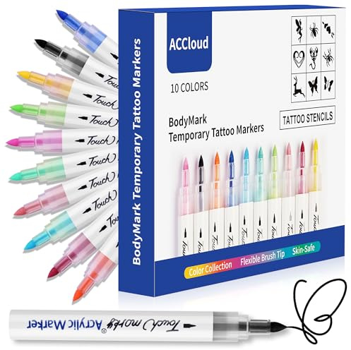 ACCloud Marqueurs de tatouage temporaires pour la peau,10 marqueurs de corps+ tatouage pochoir set Tête de brosse flexible, sécurité de la peau pour, Kit de maquillage Halloween