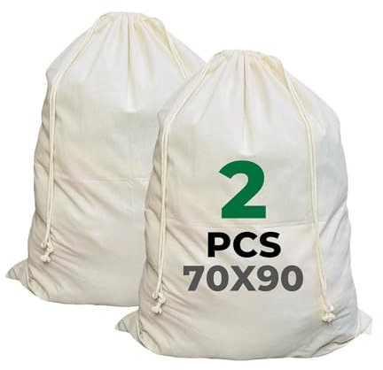 K2 TEXTIL Confezione da 2 sacchi per la biancheria in cotone di alta qualità, grandi 100 l, con coulisse, resistenti sacchetti per la biancheria sporca, certificati Oeko-TEX® (2 pezzi, 70 x 90 cm)