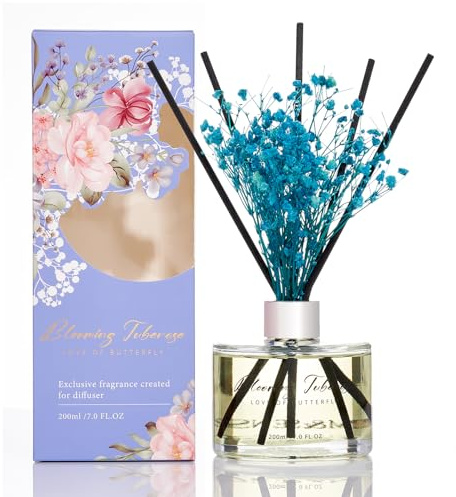 M&SENSE Duftstäbchen Set, 200ml Tuberose Duft, Aroma Diffuser mit 7 Stäbchen & Schleierkraut, langanhaltender Raumduft für Badezimmer, Schlafzimmer, Regal, Geschenkidee für Sie, MSRD0207