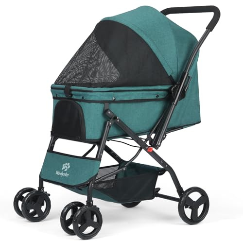 Zevcri Dog Pram for Small Dogs Cats Lightweight Folding Dog Stroller for Medium Dogs 20kg 4 Wheels Foldable Dog Pushchair Buggy Travel Pet Trolley Carrier with Storage Basket (Grey) (Dark Green)