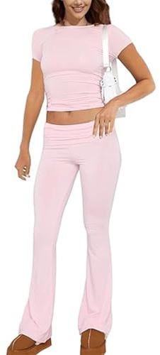 ABINGOO Tuta da Donna Casual 2 Pezzi a Maniche Lunghe Aderente Crop Top Svasati a Vita Bassa Pantaloni Lounge Set Yoga Tuta(Z-Rosa,S)