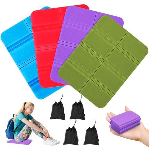 Nadisean 4 Pièces Coussins d'assise d'extérieur Pliables, 4 Couleurs Mini Tapis de Sol Camping Isolant, Coussins de Siège Pliable Portable avec 4 Sac de Transport, pour Camping, Randonnée, Extérieur