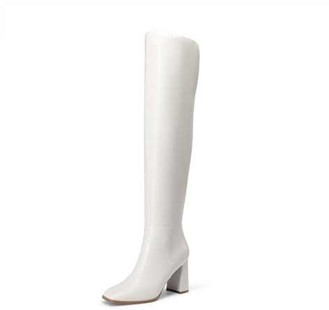 DREAM PAIRS Women's Tall Over the Knee Boots Thigh High Fall Block Chunky Heeled Knee High Long Boots with Fashion Square Toe and Side Zipper,Size 9,White,DWUMOB2515