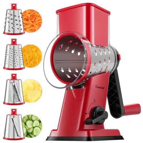 Geedel Rallador de queso, rallador de verduras con 5 hojas de tambor, cortador de verduras para queso, hielo, pepinos, zanahorias, nueces, etc