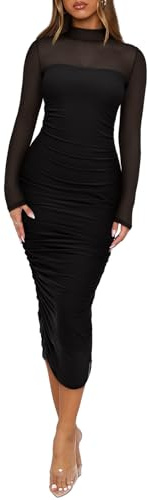 REORIA Women's Fall Mesh Sheer Long Sleeve Midi Ruched Bodycon Dress Sexy Slim Mock Neck Elegant Club Evening Party Cocktail Dresses Black Large