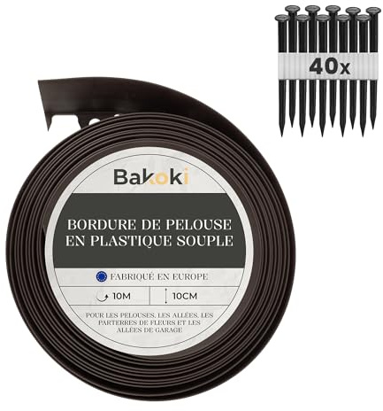 BAKOKI Flexibel rabattkant (10 m | 40 markankare | 10 cm höjd) brun plast väderbeständig gräsmatta gräns, rabattkant rund – blomrabattkant – klippkant