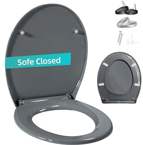 Toilet Seat Soft Close with Quick Release for Easy Clean, Soft Close Oval Toilet Seats with Adjustable Hinges, Universal Toilet Lid in Sturdy Anti-Bacterial Premium PP Material, Grey