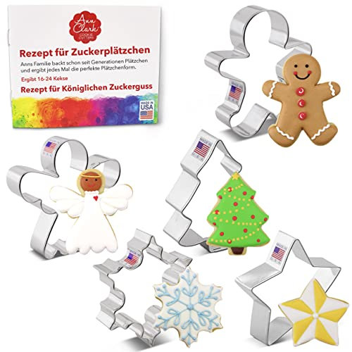 Christmas and Holiday Cookie Cutters 5-Pc Set Made in USA by Ann Clark, Gingerbread Man, Christmas Tree, Star, Snowflake, Angel