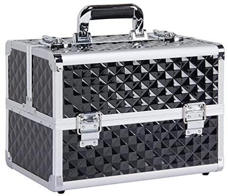 Yaheetech Beauty Case Make-up da Viaggio per Estetista Professionale Nero | Scatola Porta Cosmetici per Parrucchieri con 6 Vassoi Divisori Regolabili e 2 Serrature Angoli in Metallo 34,7 x 22,2 x 25 cm