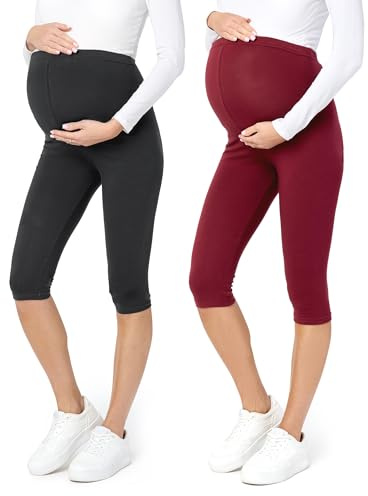 Be Mammy Dams 3/4 Moderskap Leggings Tights 2Pack BE20-229 (2Pack Svarta Prickar/Rödvin, XL)