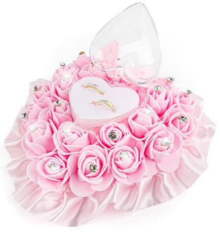 AUEAR, Rosa Blume Hochzeit Herz Ringkissen mit elegantem Satin Spitze Kristall Rosenhalter