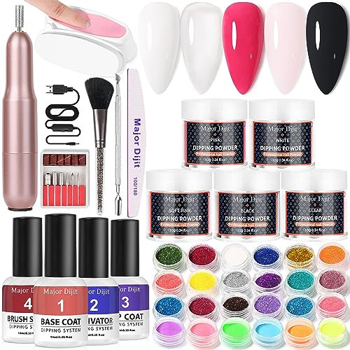 Dip Powder Nail Kit mit Elektrische Nagelfeile Klar Weiß Rot Schwarz Rosa 5 Farben Acryl Dipping Powder Starter Kit mit Base Coat Top Coat Aktivator Brush Saver, French Nail Art Manicure Geschenke