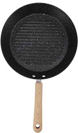 Padella Rotonda in Ferro Fine, 16,5x9,8x1,3 Pollici Processo di Stampaggio in Un Pezzo Design a Fondo Piatto Antiaderente con Manico in Plastica Resistente al Calore Per Bistecca di Carne Pesce Colazi
