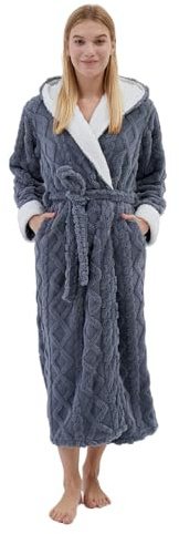 Dowesrobe Long Robes with Hood for Women,Plush Fleece Hooded Robes for Women Winter Warm Housecoat (Large, Grey)