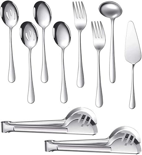 ROLMZJX 10 Stück Großes Silber Servierutensilien-Set, Edelstahl-Servierutensilien-Set mit großen Servierlöffeln, Schlitzlöffeln, Serviergabeln, Suppenkelle, Kuchenheber und Servierzange