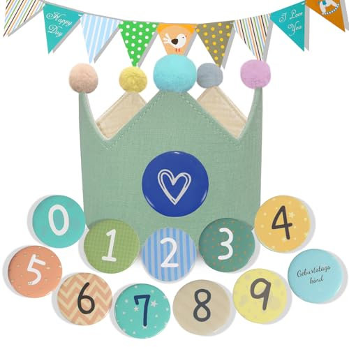 MutoToy Geburtstagskrone Musselin mit Zahlen, Geburtstagsbanner, Wiederverwendbar Geburtstagskrone für Mädchen Junge, Krone Geburtstag mit Button Zahlen von 0-9, Party Deko Hut für Kindergeburtstag