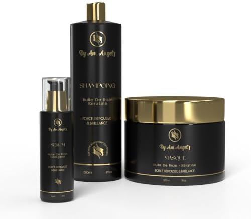 Dy Am Angels, Ensemble de Soins de Cheveux Force Repousse et Brillance, Huile de Ricin et Kératine, Masque 500ml, Shampoing 500ml, serum 100ml
