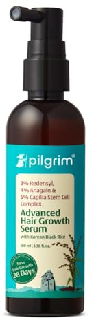 Pilgrim Redensyl Avancerat serum för hårväxt med 3 % + Anagain 4 % (100 ml) med koreanskt svart ris, kontrollerar håravfall, främjar hårväxt, ökar hårets densitet