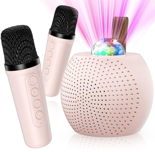 GlasFlength Máquina de Karaoke con 2 micrófonos, Mini máquina de Karaoke con proyección de Altavoz Bluetooth con Efectos de Voz y Luces LED, Regalos para niñas, Juguetes para niños (Rosa)