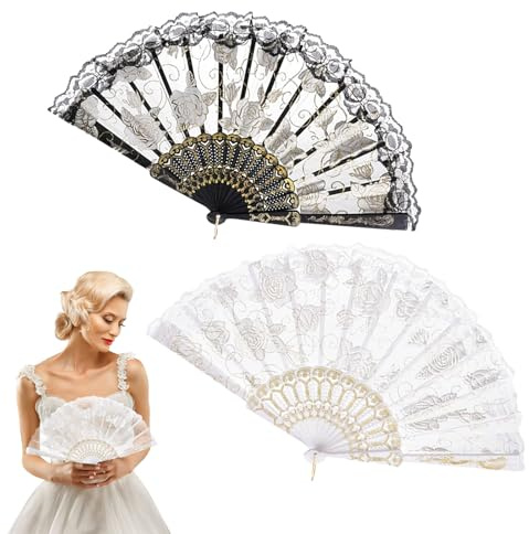 BelleVive Set di 2 ventagli Pieghevoli in Pizzo di Rose, ventaglio in Seta, ventaglio a Mano, ventaglio Pieghevole per Regalo di Nozze, Decorazione per la casa, Ideale per Feste, Danza, Nero +