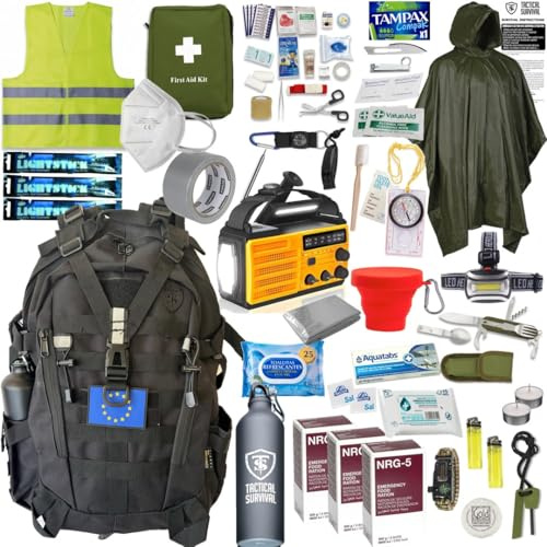 TS Tactical Store Mochila de Supervivencia Basica 72H con RADIO especial EMERGENCIAS – Mochila para EMERGENCIAS Kit Básico+ para 72 Horas (1 Persona) 60 Piezas
