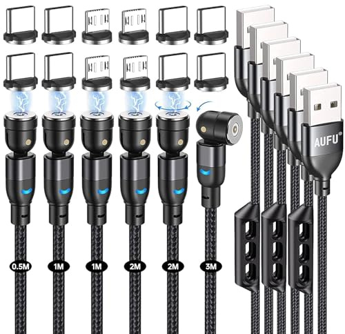 AUFU Cavo di ricarica magnetico, cavo di ricarica magnetico, confezione da 6 [0,5 m/1 m/2 m/3 m], USB C girevole a 360° e 180° con micro/tipo C per smartphone