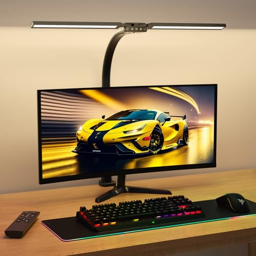 SIBRILLE Lámpara de escritorio de doble cabeza LED regulable, 22 W 80 cm, lámpara de luz diurna con mando a distancia, lámpara de mesa giratoria, protección ocular, cuello de cisne