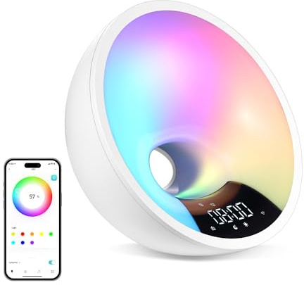 HOM Smart Sunrise Alarm Clock with Wake-Up Light & FM Radio - Digital Clock and Lamp with 7 Natural Sounds and 7 Light Colors - Easy Control via Amazon Alexa and Google Home