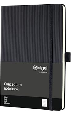 SIGEL CO122 Premium Notizbuch A5 liniert schwarz, Hardcover, 194 nummerierte Seiten, nachhaltiges Papier, mit Inhaltsverzeichnis, Stiftschlaufe, Falttasche, Gummibandverschluss, Conceptum