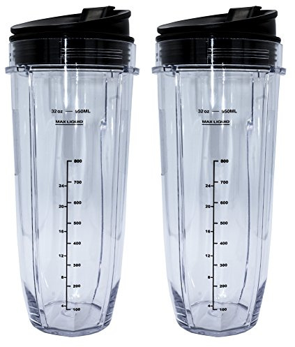 Blendin 32 Ounce Cup with Sip N Seal To Go Lids - Extra Large Replacement Jar Compaible with Nutri Ninja Auto-iQ 1000W and Duo Blenders - Premium Blender Cups Replacement (2 Pack)