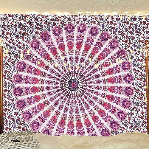 Bless International Indian hippie Bohemian Psychedelic Peacock Mandala Wall hanging Bedding Tapestry (Pink Blue, Twin (54x72Inches)(140x185cms))