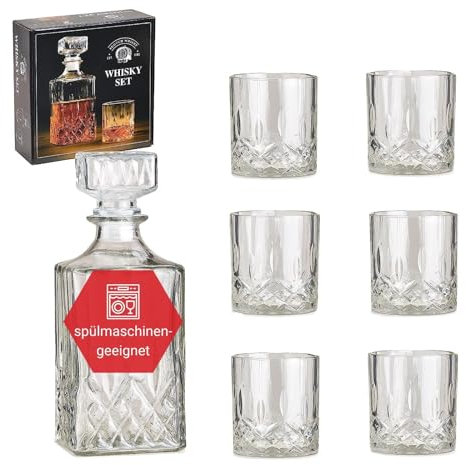 WOMA Lot Carafe à whisky I Set de 7 décanteurs à whisky I en verre cristallin avec couvercle 900 ml I 6 verres à whisky 285 ml I Carafe à whisky avec set de verres I Cadeau pour homme