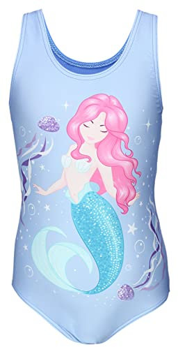 Aquarti Badeanzug Mädchen – Sportlicher Mädchen Badeanzug mit Ringerrücken Print, Farbe: Meerjungfrau im Wasser Blau/Pink/Türkis, Größe: 122