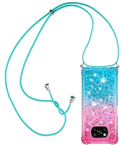 Halsband för Xiaomi Poco X3 NFC /Poco X3 Pro silikonskal, flytande glitter flickor damfodral, axelgnista och snodd halsband med justerbar snodd ficka, rosa och blå