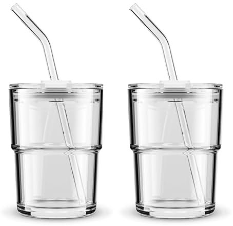 BLUEPOLAR Bicchiere da 400 ml, tazza da caffè freddo con cannuccia e coperchio, sigillata, tazza da tè freddo, tazza in vetro isolante a parete spessa (bianco, confezione da 2)